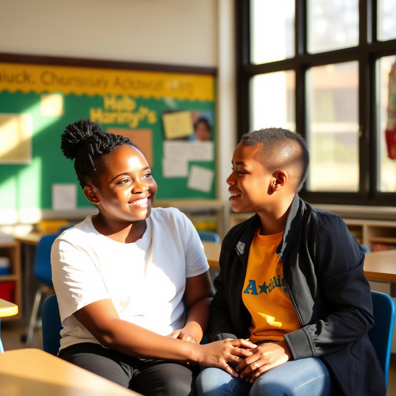 School counselor in supportive conversation with a NYC student