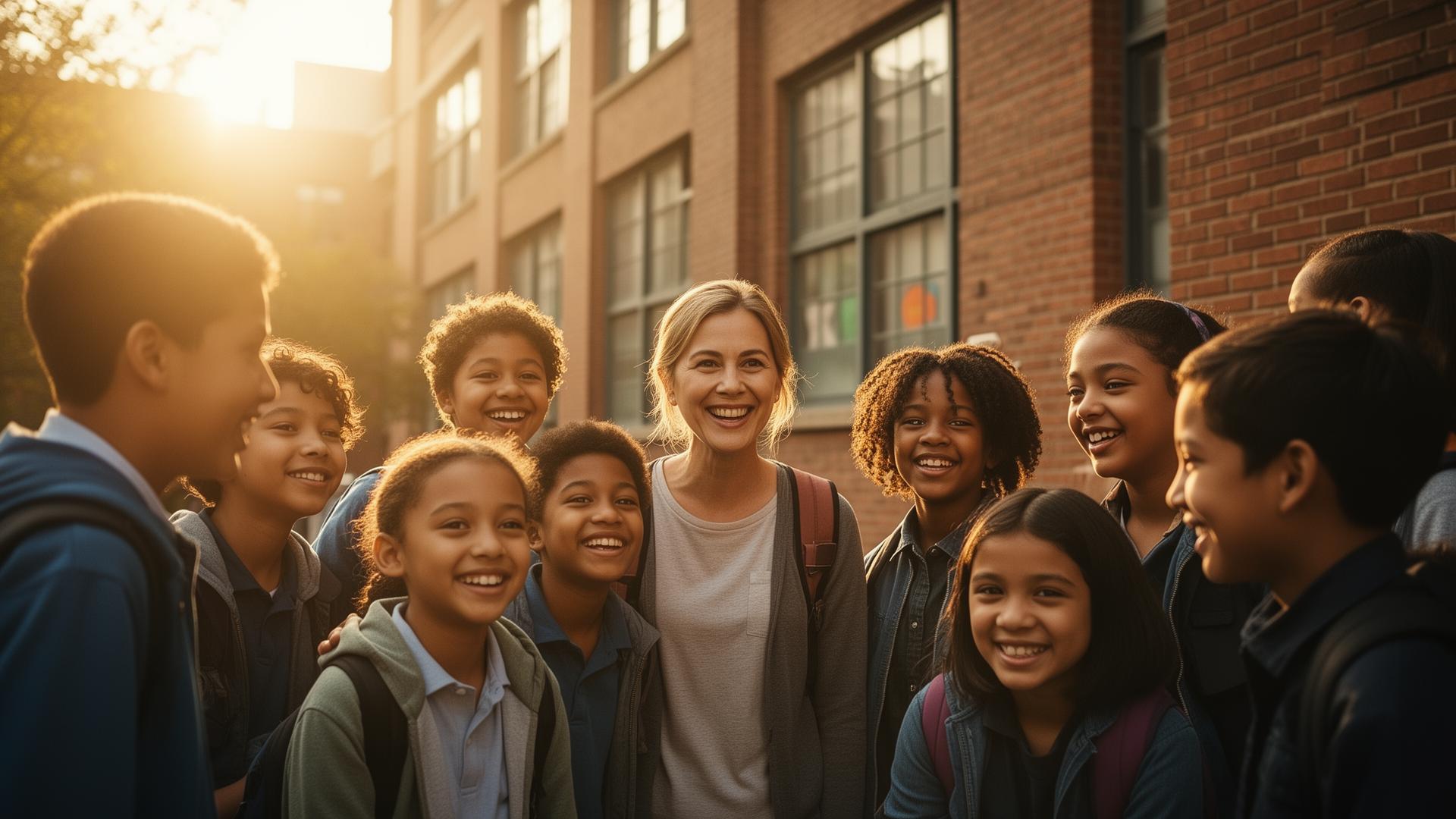 Diverse NYC students and a teacher gathered together at golden hour outside a school